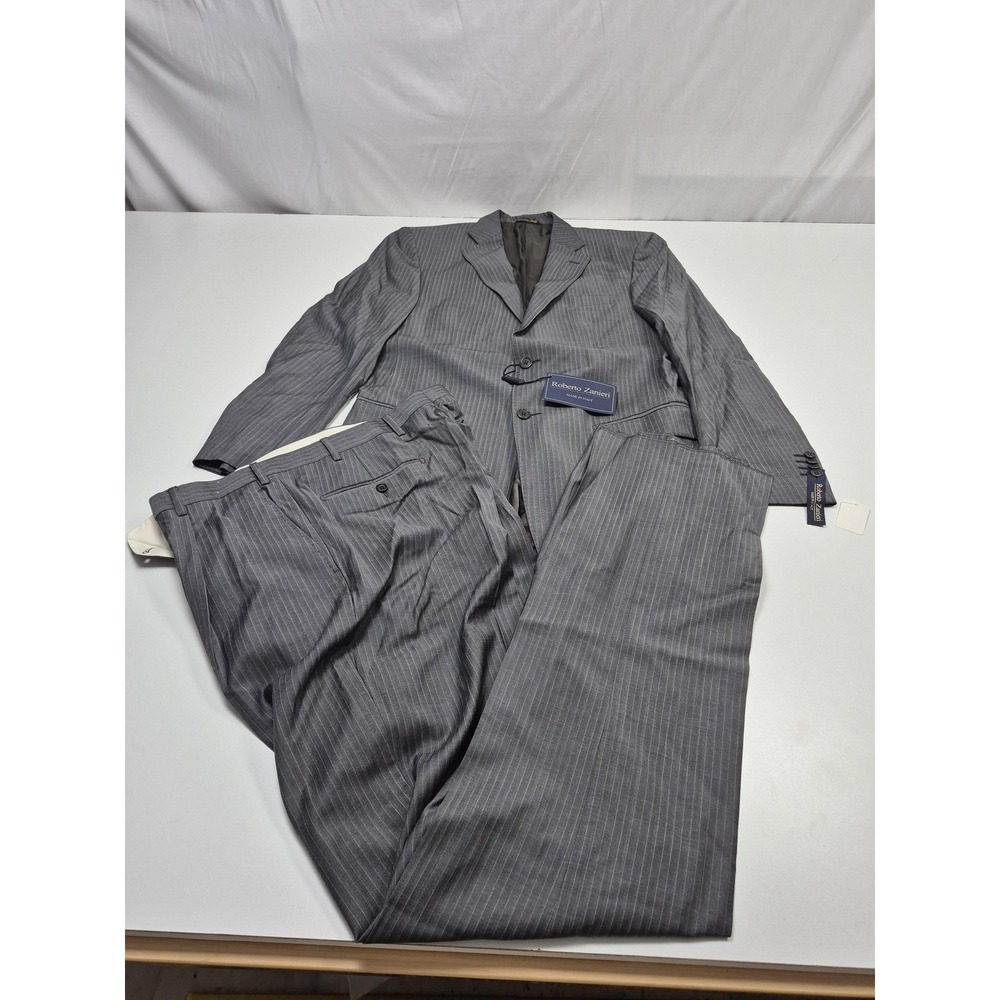 Roberto Zanieri Suit Mens 40 Gray Wool Stripe 2 Piece 36x36 Italy NWT FLAW
